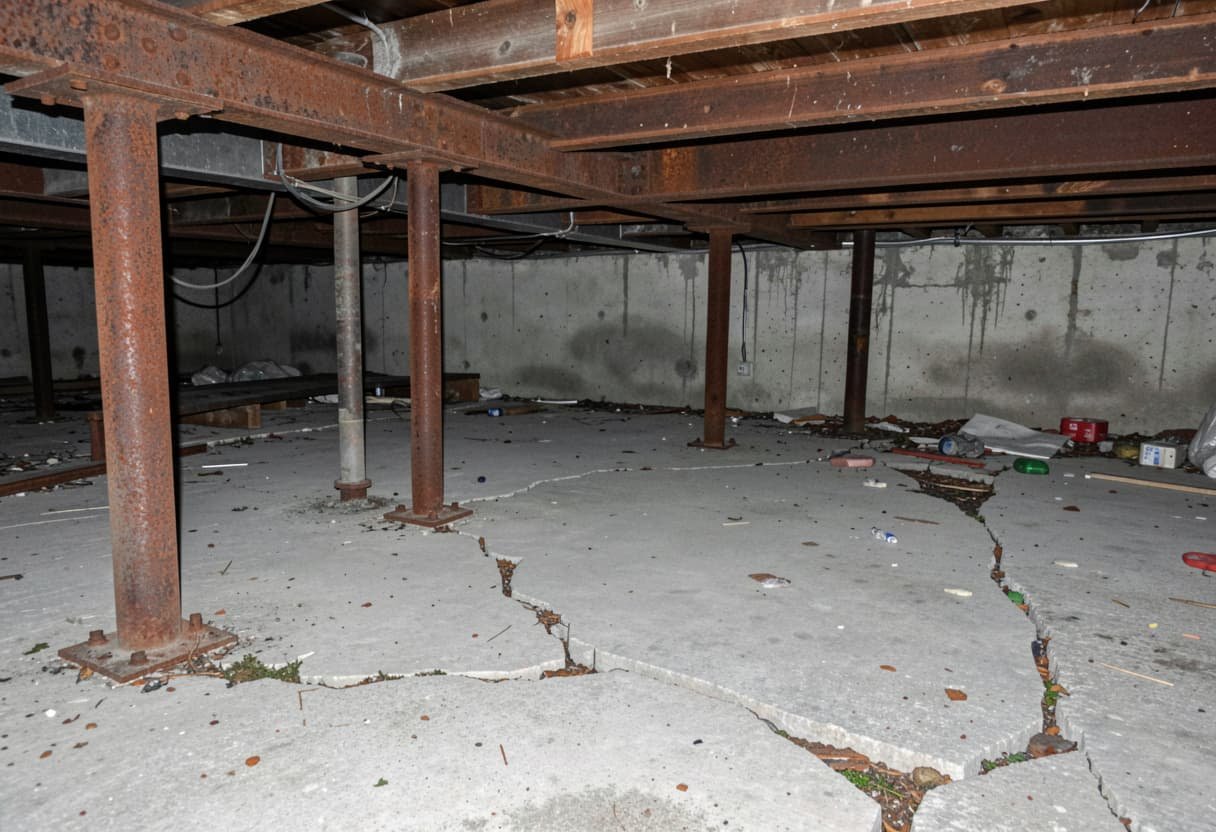 Crawlspace and foundation edge showing low vents, skirting, slab gaps, and ground-level wildlife entry areas