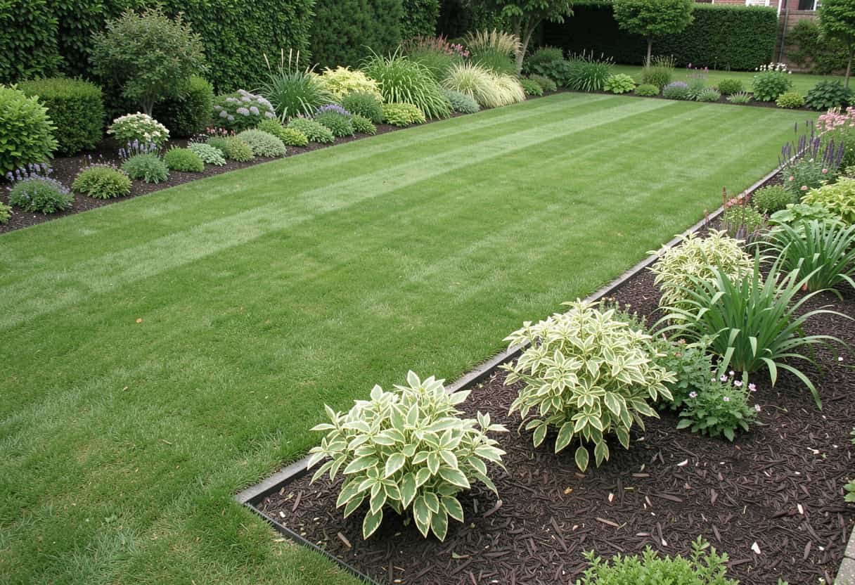 Lawn and garden edge showing soft soil, runs, mounds, and burrow activity near the home
